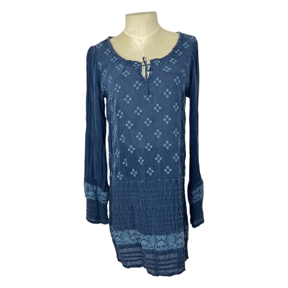Johnny Was Blue Embroidered‎ Long Sleeve Drop Waist Tunic Mini Dress Small